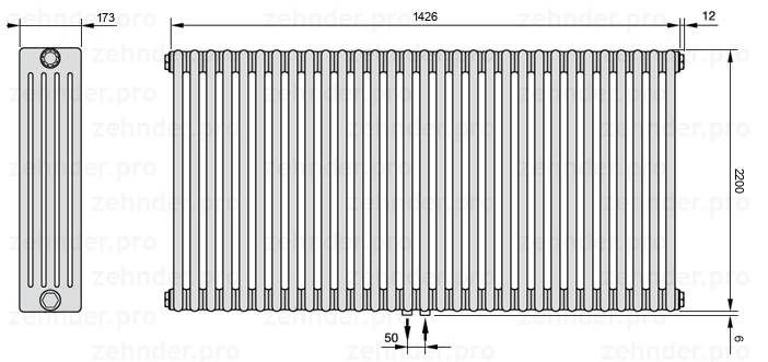 Схема (чертеж) Радиатор Zehnder Charleston 5220/31 №5410 Белый глянцевый RAL 9016